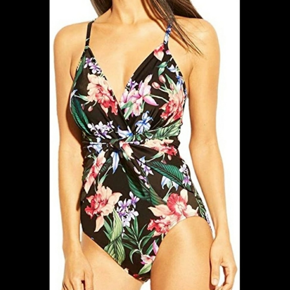 Aqua Green Wrap Front v-neck one piece swim suit S